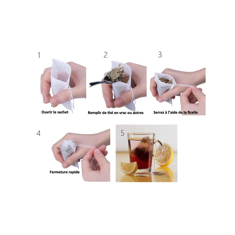 Sachets à Thé Vides Non Tissés - 100 Pièces Avec Ficelle - Pour Thé En Vrac, Infusions, Bouillon - Lavables Et Réutilisables