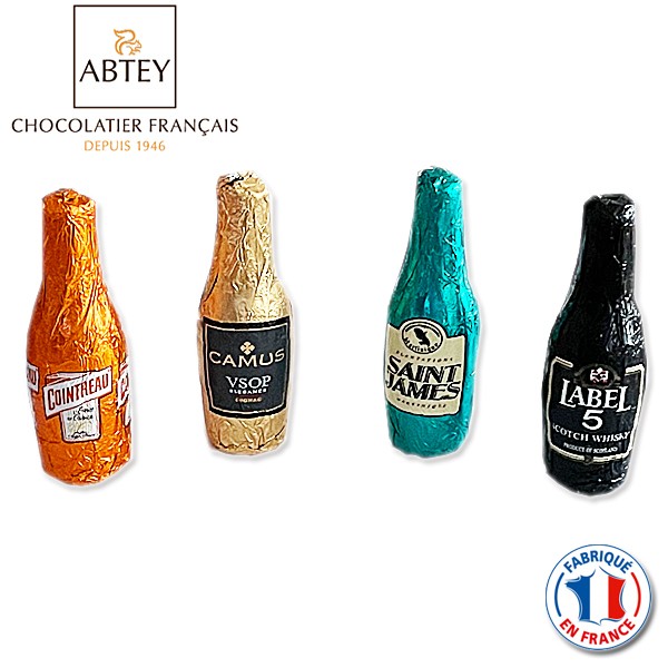 Bouteilles en chocolat fourrées à la liqueur Whisky, Cognac, Grand Marnier,  Rhum Liqueur en version mini bouteille en chocolat