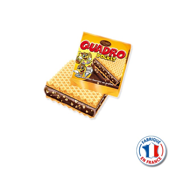 Quadro Pocket Gaufrette Chocolat Praliné Gaufrette fourrage (83%) au  praliné Quadro est fabriqué à Troyes.