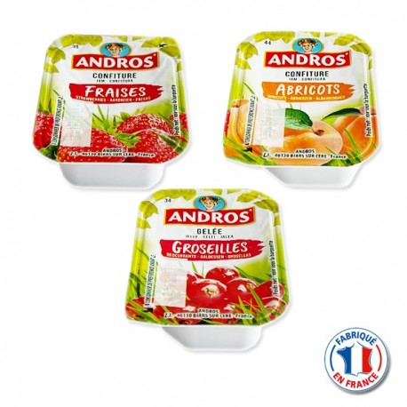 Barquettes Confitures Andros 20gr Fraise Abricot Groseille Cerise  Barquettes de Confitures Extra