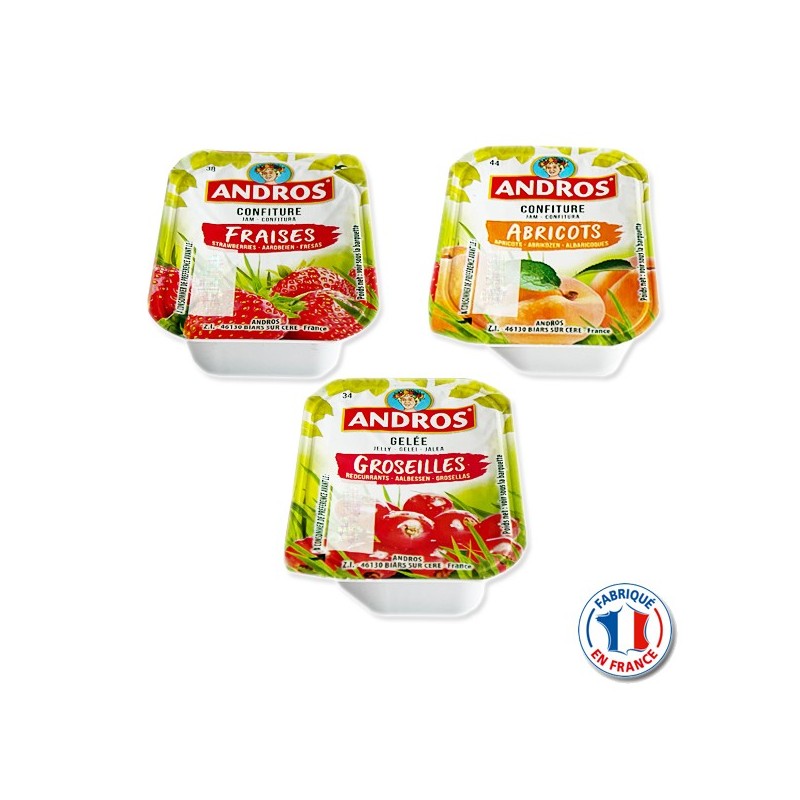 Barquettes Confitures Andros 20gr Fraise Abricot Groseille Cerise