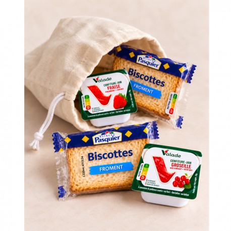 Sachet d’accueil petit-déjeuner individuel – Biscottes et confitures